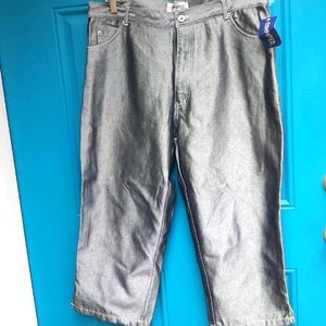 Metallic Silver Jeans Shiny Denim Cropped Pants Metal Jeans Silvery